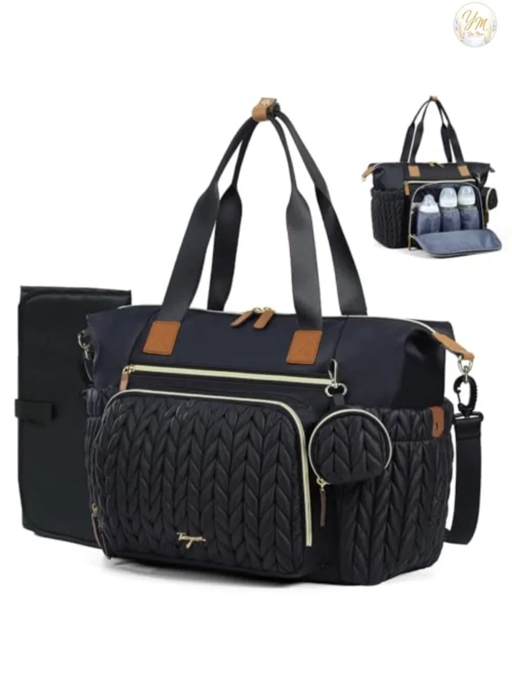 Quilted Nylon Diaper Bag Tote with Changing Pad, Insulated Pockets, Luggage